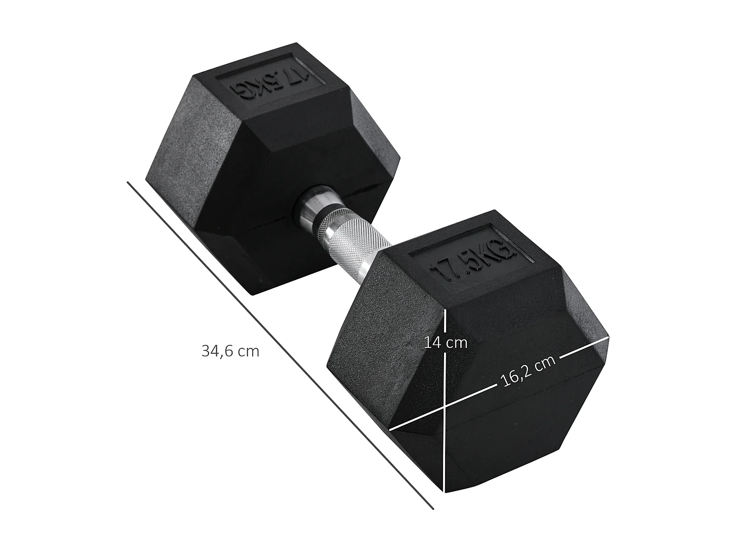 Haltères Hexagonaux en Métal 17.5 kg, avec Poignée Ribelée, Noir (16.2x16.2x34.6 cm)