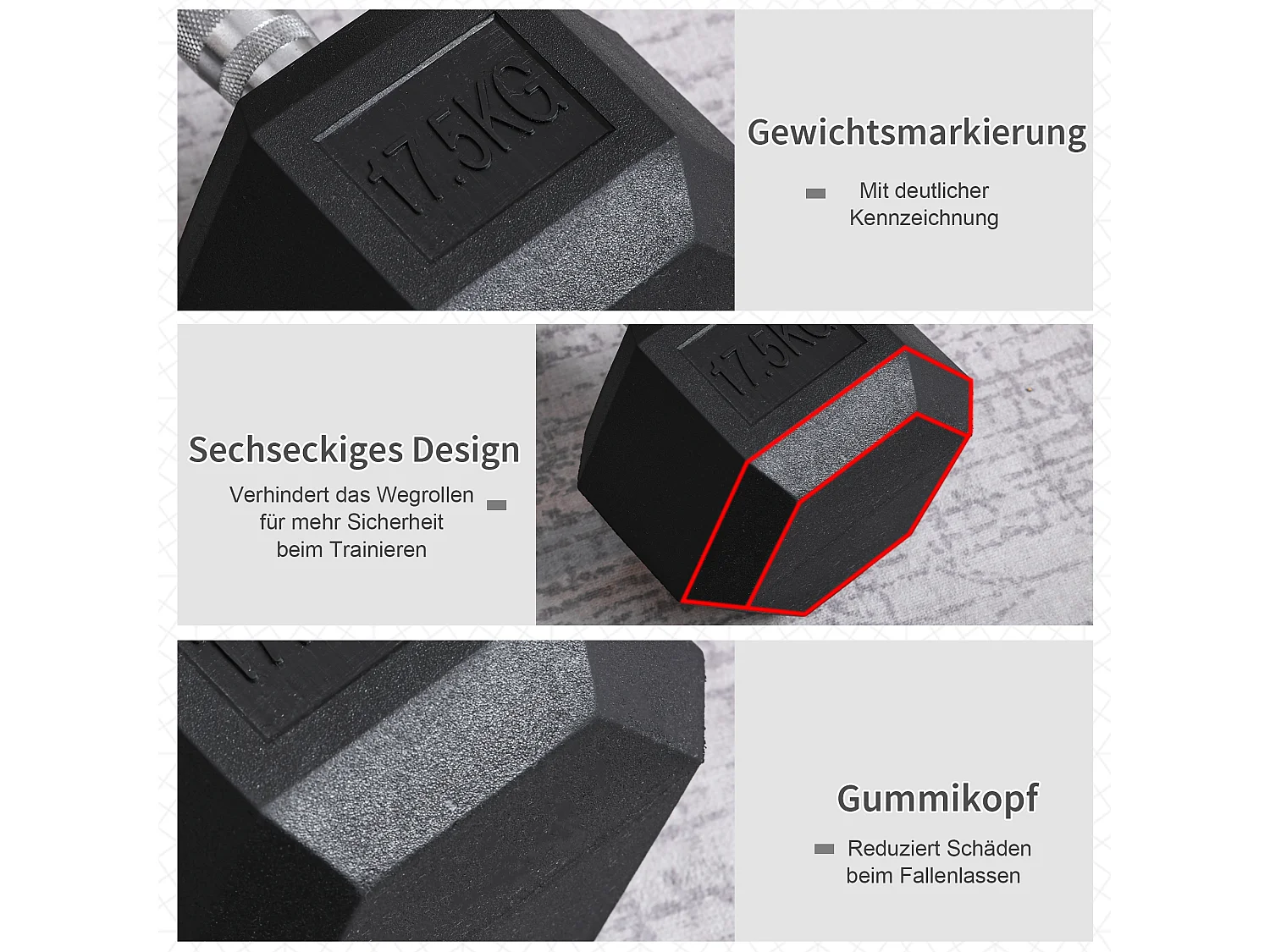 Haltères Hexagonaux en Métal 17.5 kg, avec Poignée Ribelée, Noir (16.2x16.2x34.6 cm)