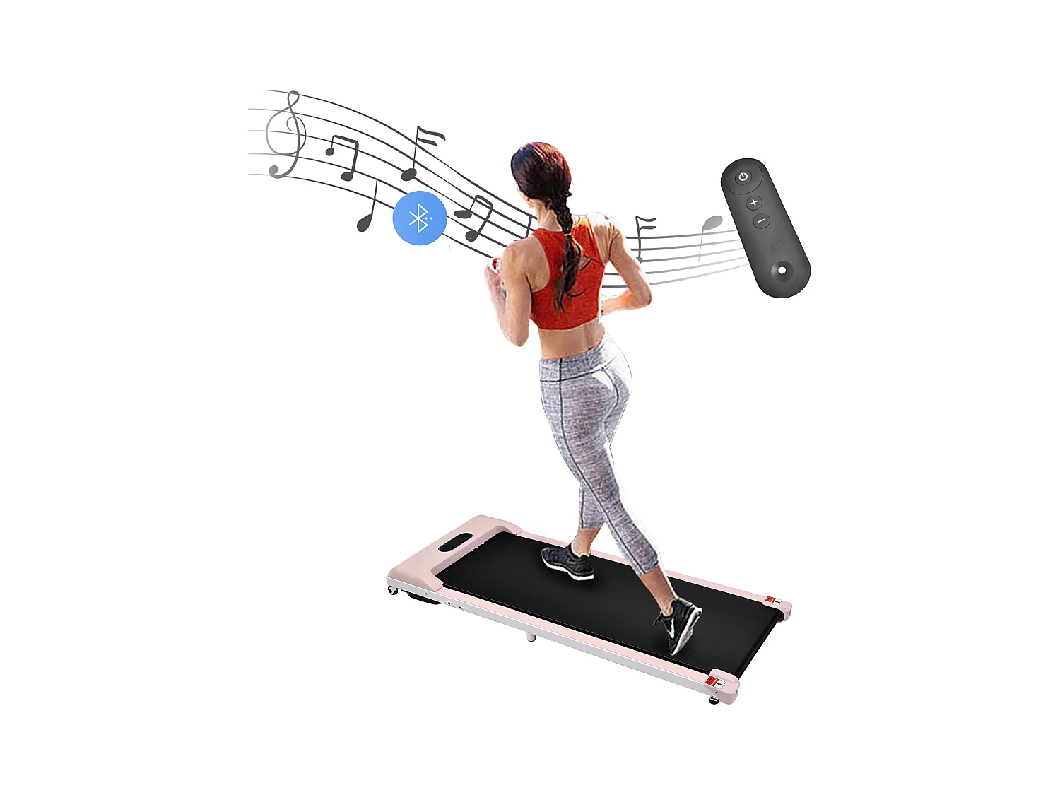 Tapis course pliable 2-en-1, télécommande, 1-6km/h, écran LED, haut-parleur Bluetooth, support téléphone, métal rose (130x58x13cm)