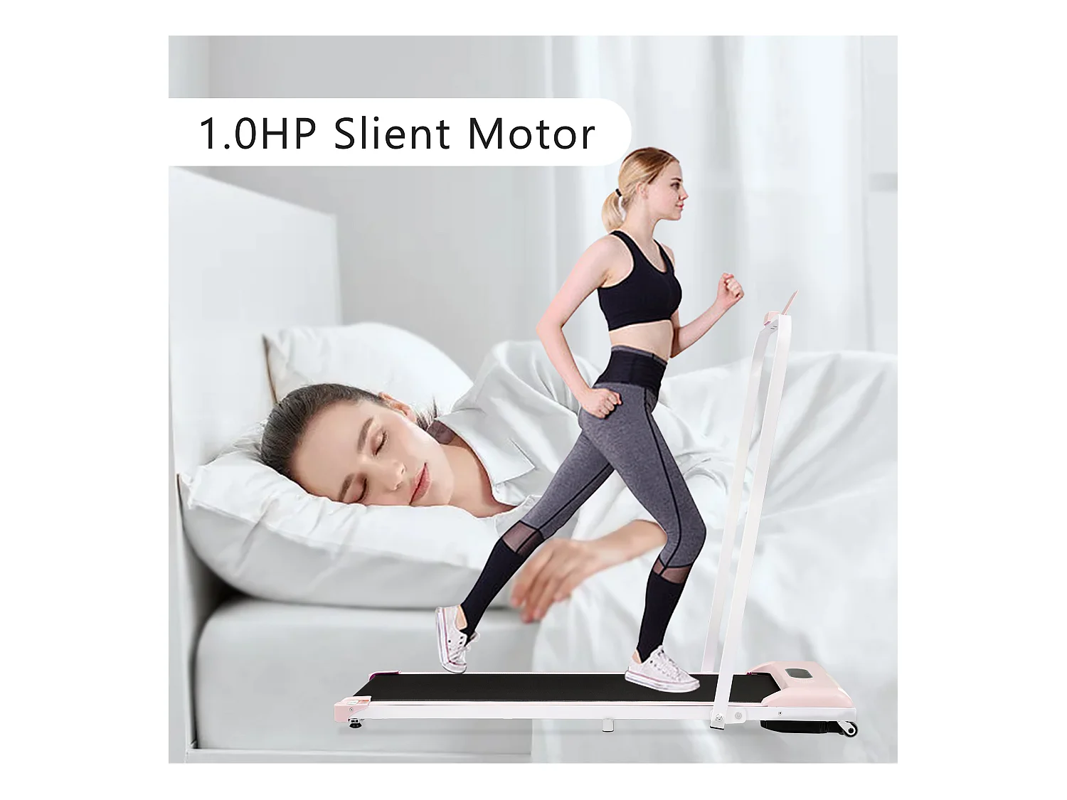 Tapis course pliable 2-en-1, télécommande, 1-6km/h, écran LED, haut-parleur Bluetooth, support téléphone, métal rose (130x58x13cm)