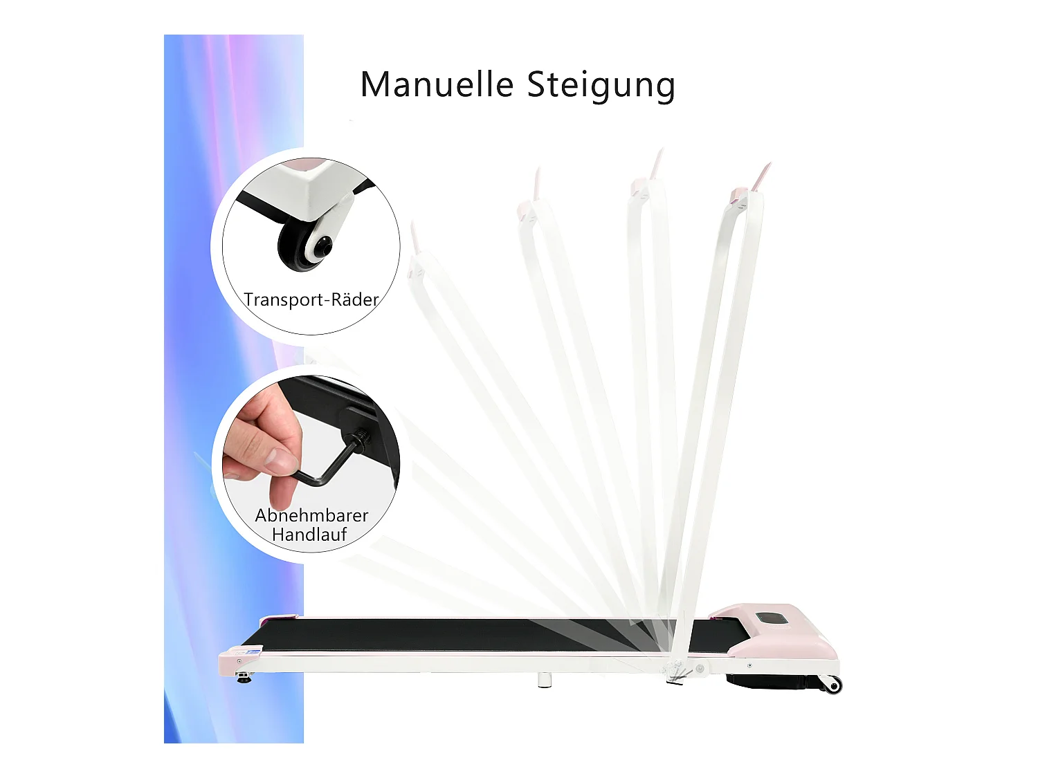 Tapis course pliable 2-en-1, télécommande, 1-6km/h, écran LED, haut-parleur Bluetooth, support téléphone, métal rose (130x58x13cm)