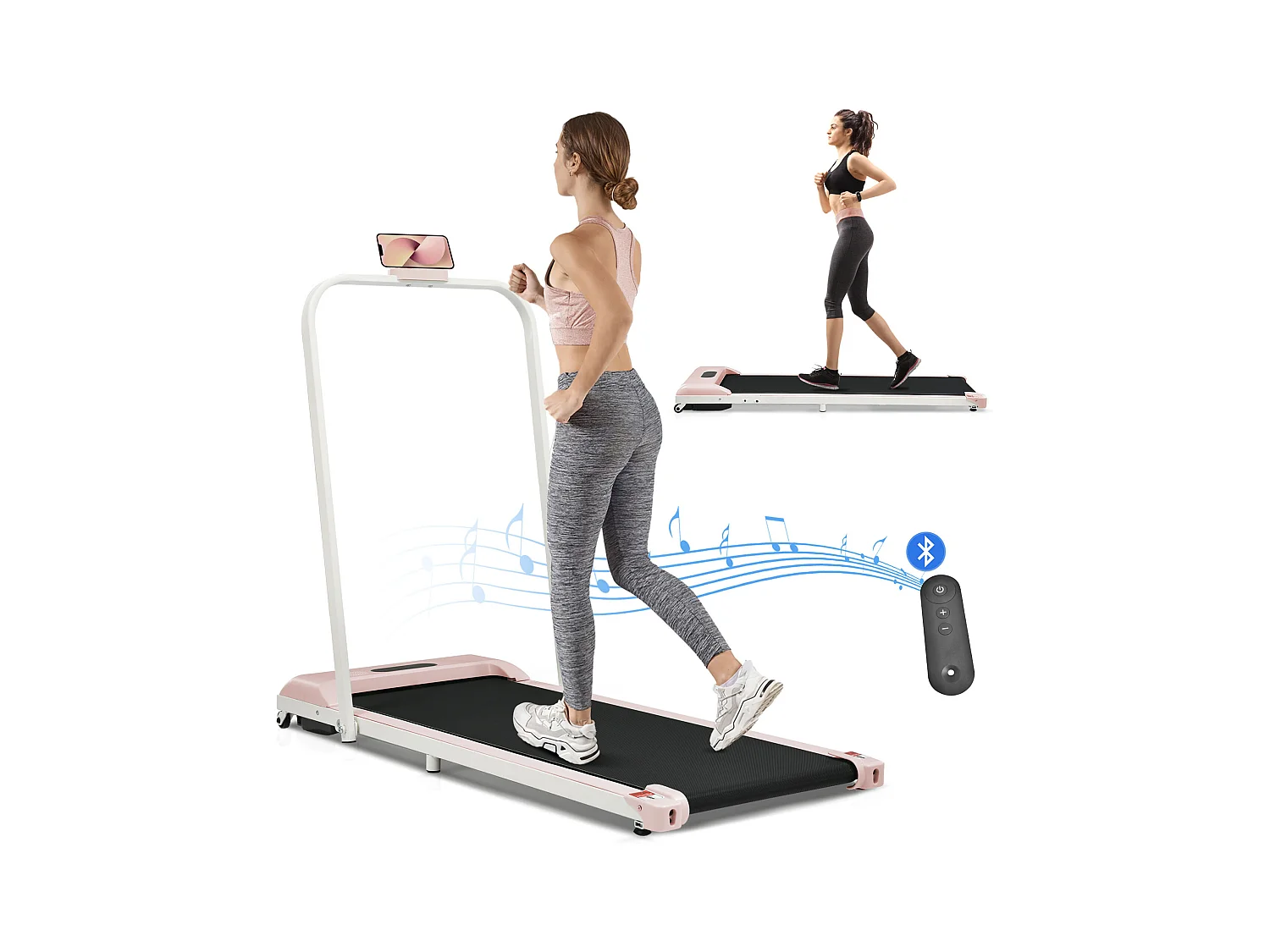Tapis roulant pieghevole 2 in 1, telecomando, 1-6 km/h, display LED, altoparlante Bluetooth, supporto per telefono, metallo rosa (130x58x13 cm)