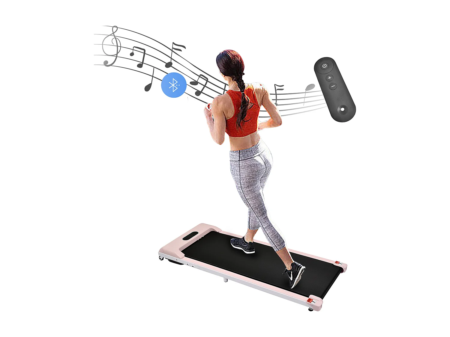 Tapis course pliable 2-en-1, télécommande, 1-6km/h, écran LED, haut-parleur Bluetooth, support téléphone, métal rose (130x58x13cm)