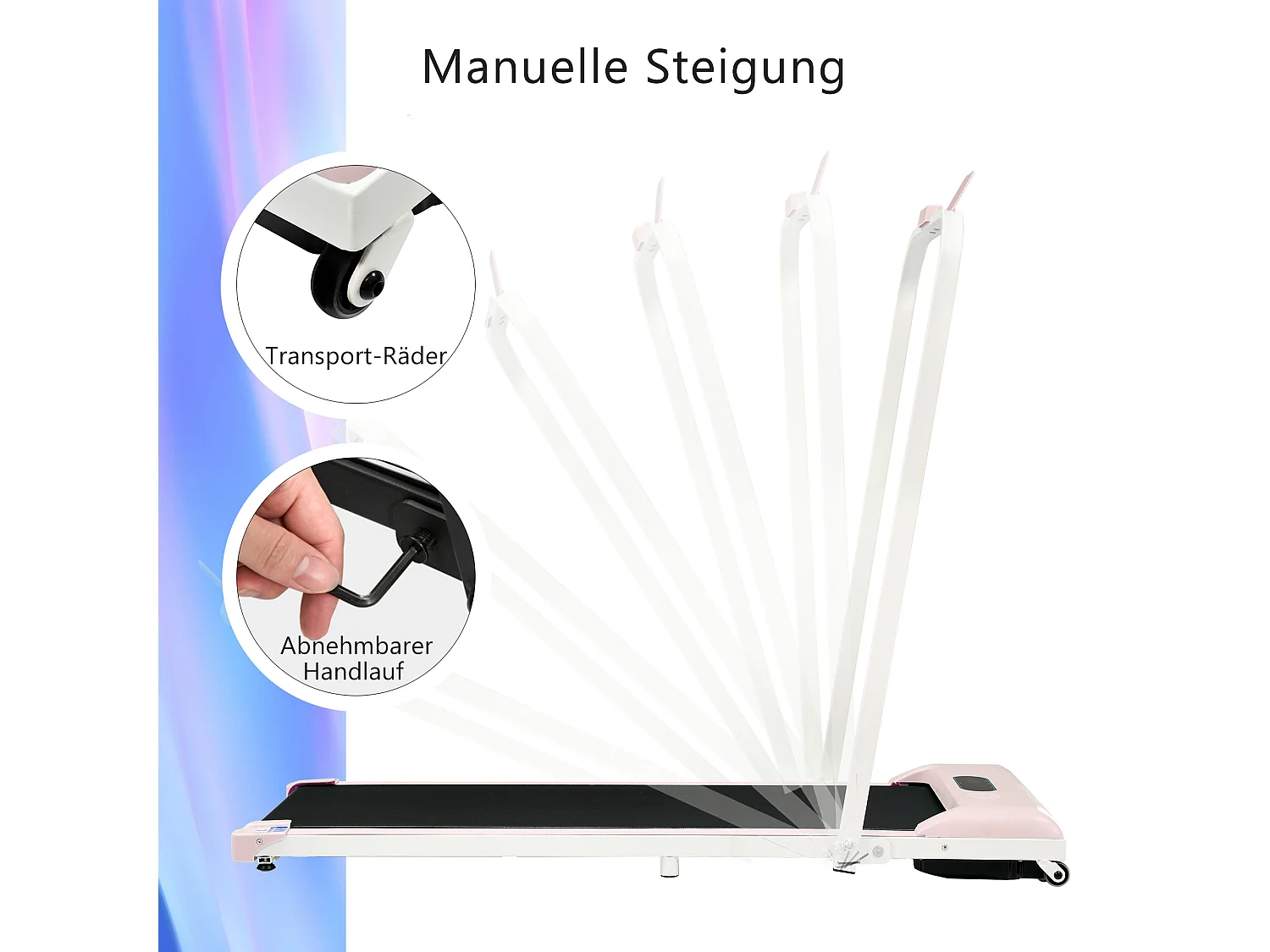 Tapis course pliable 2-en-1, télécommande, 1-6km/h, écran LED, haut-parleur Bluetooth, support téléphone, métal rose (130x58x13cm)