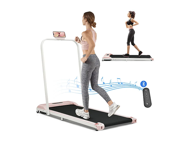 Tapis course pliable 2-en-1, télécommande, 1-6km/h, écran LED, haut-parleur Bluetooth, support téléphone, métal rose (130x58x13cm)