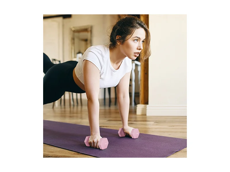 Set d'haltères courtes hexagonales, 6 pièces en acier avec revêtement, rose (41x30x8 cm)