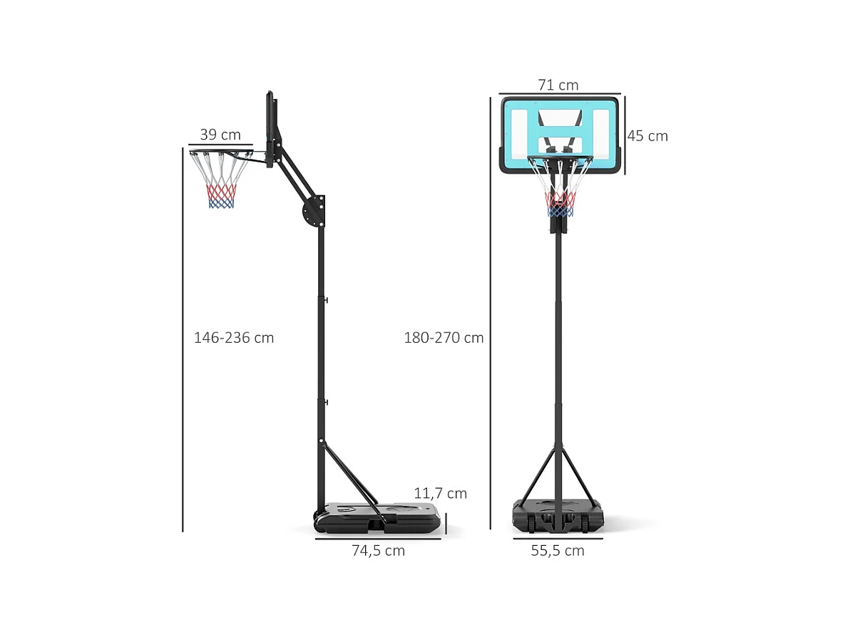 Panier de basketball réglable avec support roulant, hauteur 146–236 cm, plastique, noir (175x71x270cm)