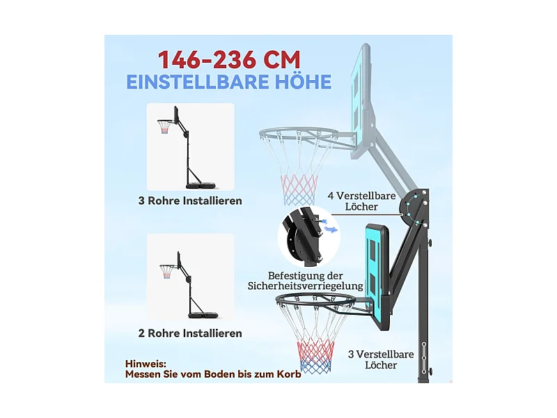 Panier de basketball réglable avec support roulant, hauteur 146–236 cm, plastique, noir (175x71x270cm)