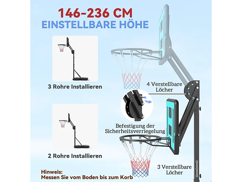 Panier de basketball réglable avec support roulant, hauteur 146–236 cm, plastique, noir (175x71x270cm)