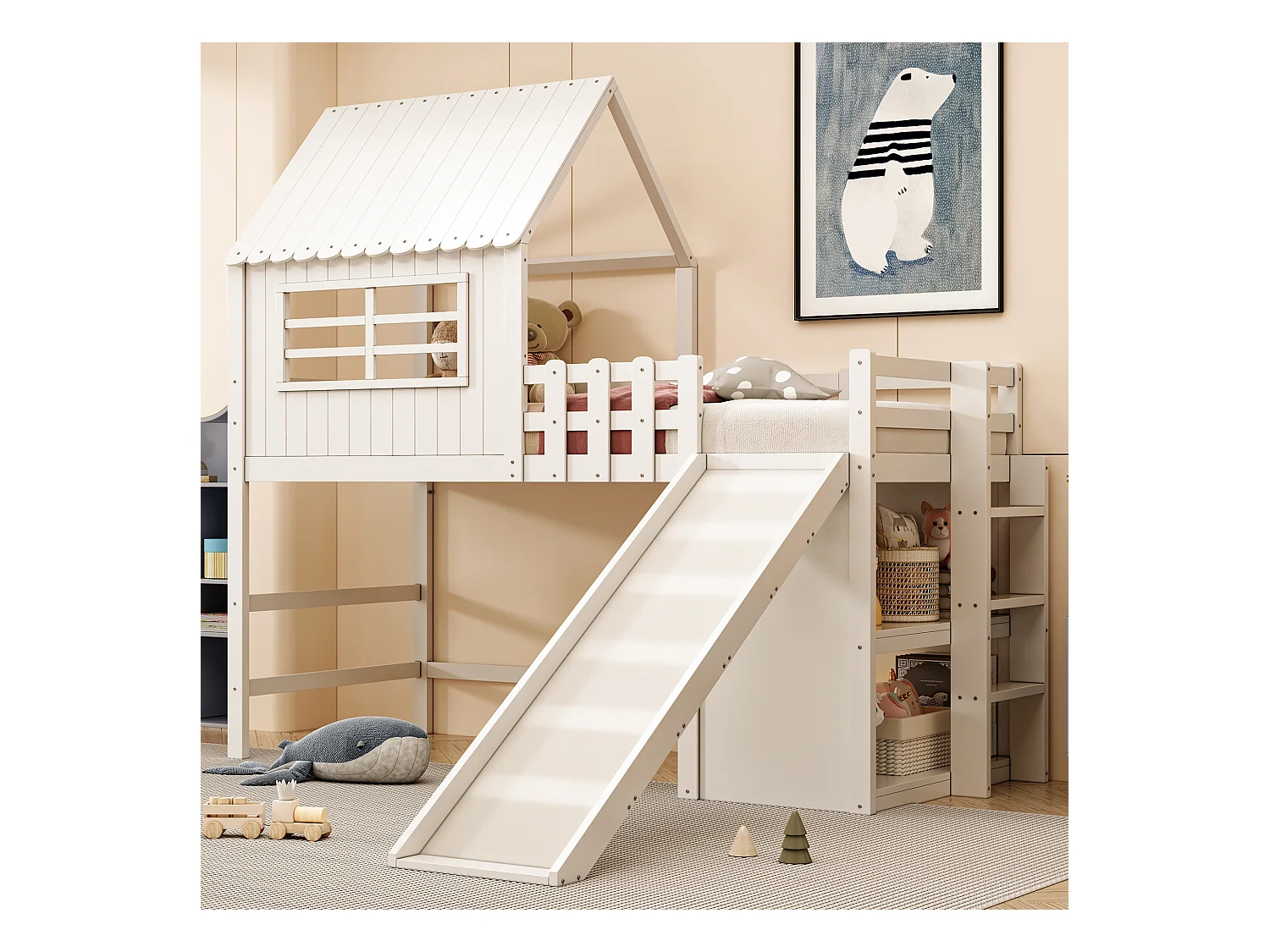 Lit mezzanine enfant 90x200 cm avec toboggan et échelle sécurisée, design toit, rangements multifonctions, bois massif, blanc (208x219x219cm)