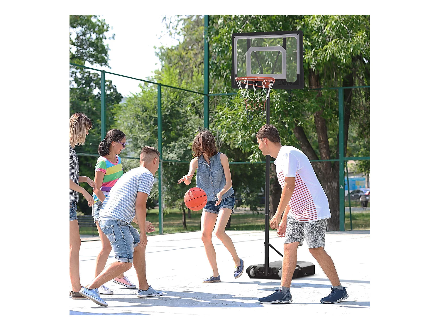 Panier de basket réglable en hauteur pour extérieur, cadre en acier, PVC, noir, avec roues (83x75x206-260cm)