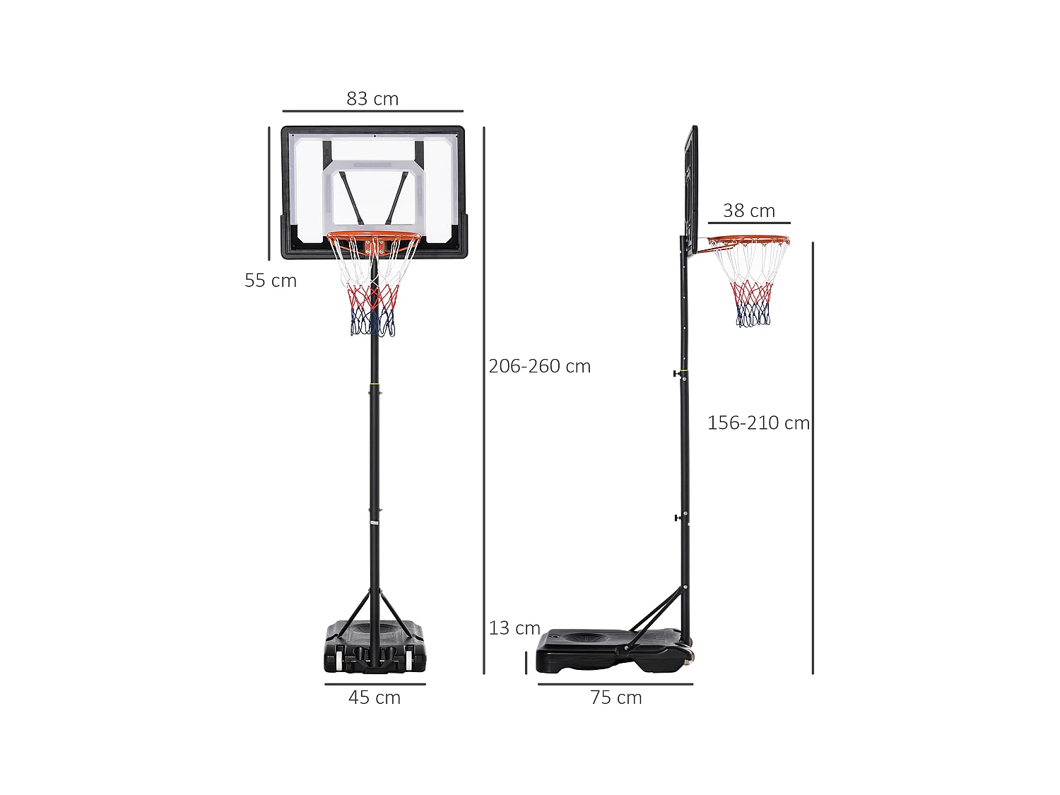 Panier de basket réglable en hauteur pour extérieur, cadre en acier, PVC, noir, avec roues (83x75x206-260cm)