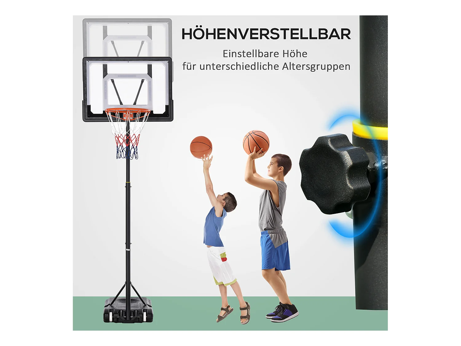 Panier de basket réglable en hauteur pour extérieur, cadre en acier, PVC, noir, avec roues (83x75x206-260cm)