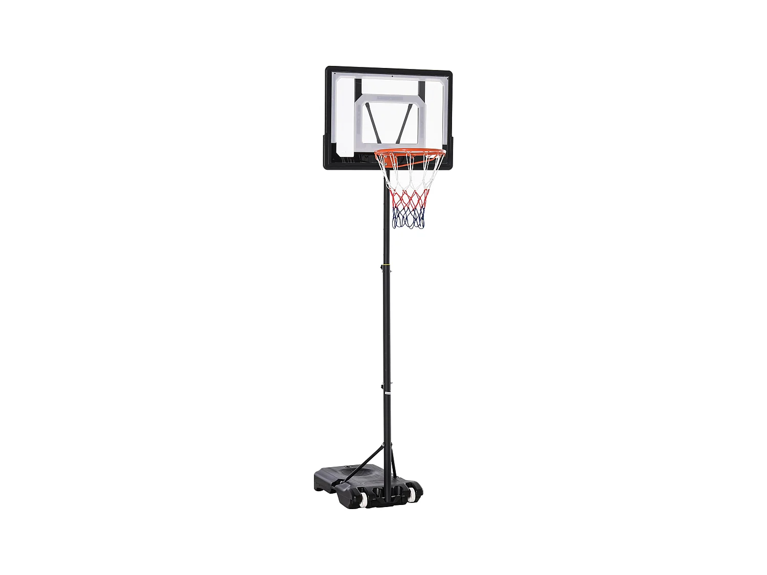Canasta de baloncesto para exterior de altura ajustable, estructura de acero, PVC, color negro, con ruedas (83 x 75 x 206-260 cm)
