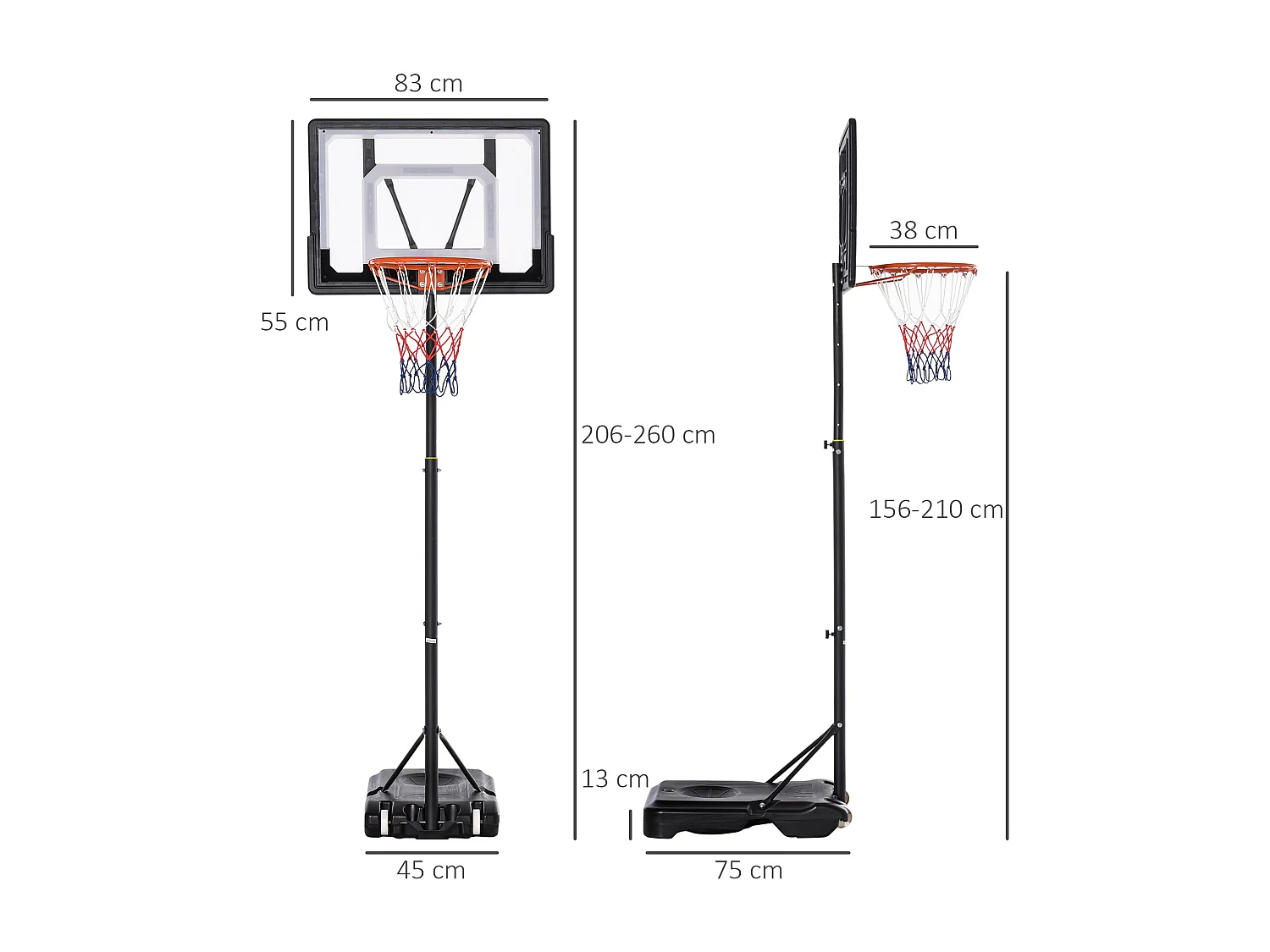 Panier de basket réglable en hauteur pour extérieur, cadre en acier, PVC, noir, avec roues (83x75x206-260cm)