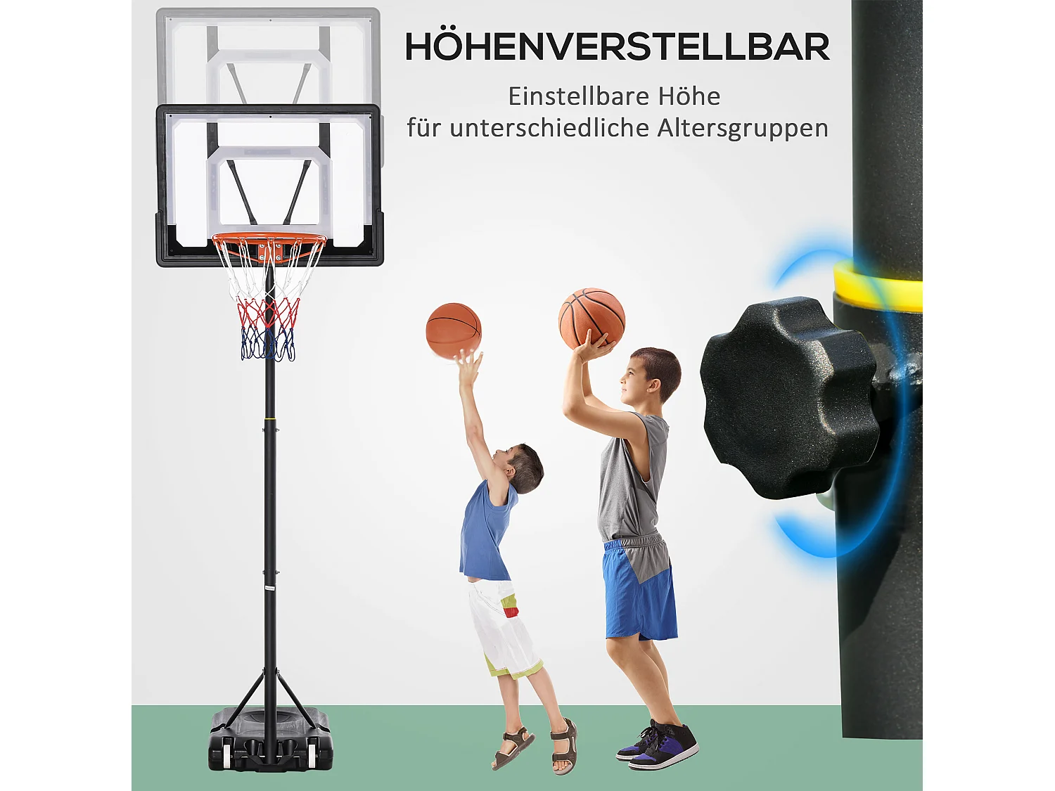 Panier de basket réglable en hauteur pour extérieur, cadre en acier, PVC, noir, avec roues (83x75x206-260cm)