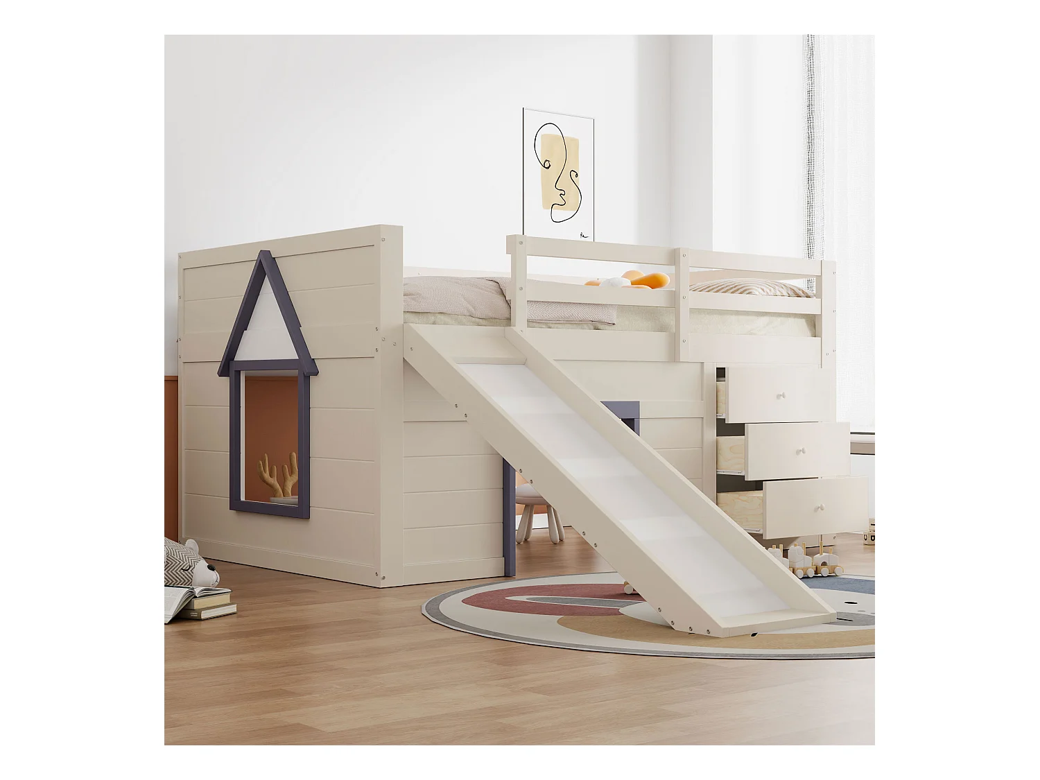 Lit mezzanine bas 140x200 cm avec toboggan, 3 tiroirs et 2 portes, MDF et pin, crème (213x145x107cm)