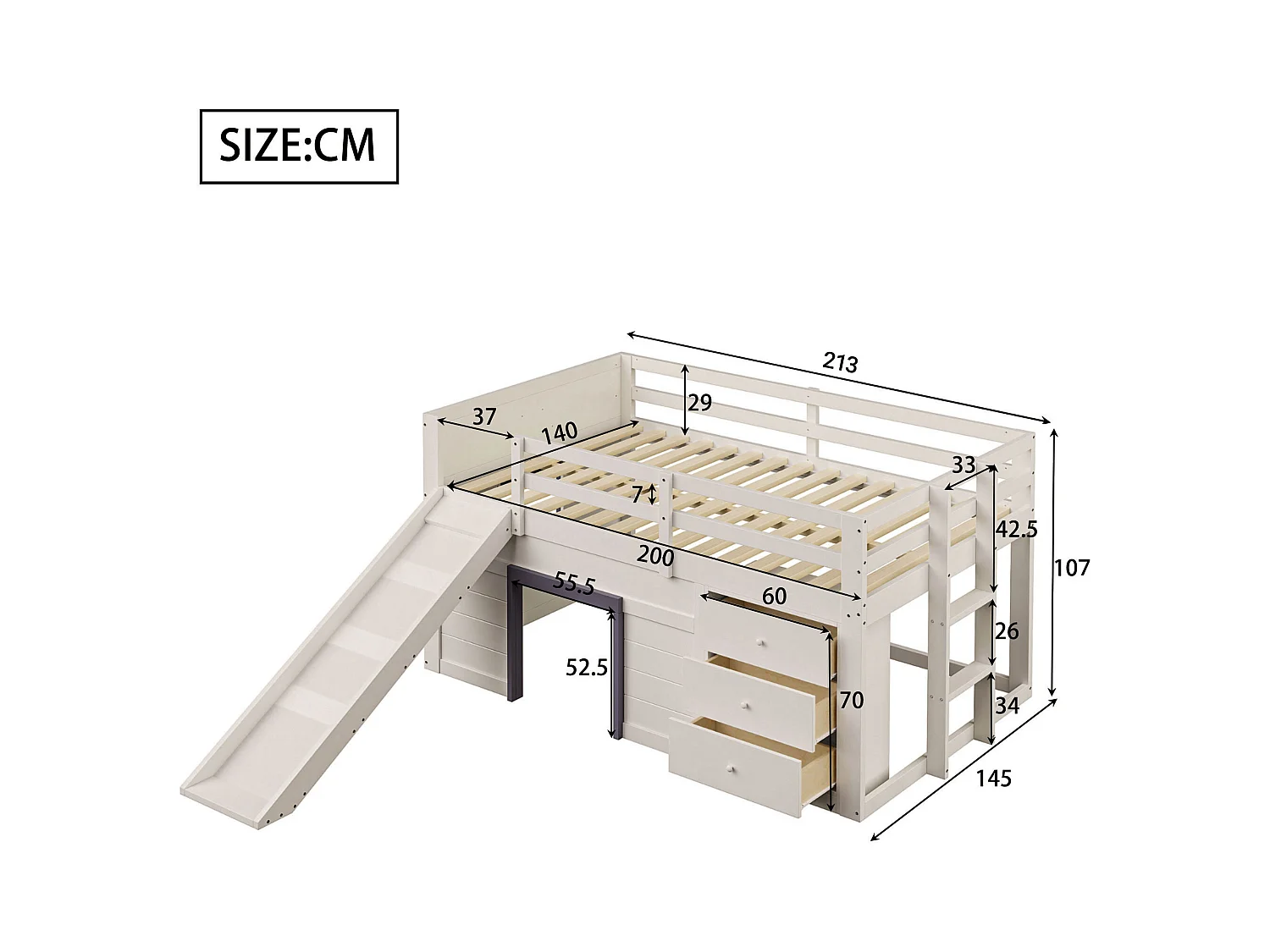 Lit mezzanine bas 140x200 cm avec toboggan, 3 tiroirs et 2 portes, MDF et pin, crème (213x145x107cm)