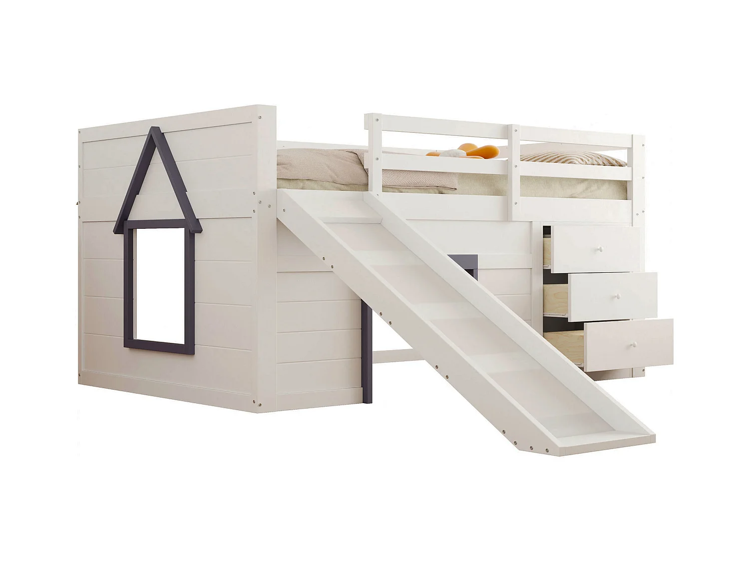 Lit mezzanine bas 140x200 cm avec toboggan, 3 tiroirs et 2 portes, MDF et pin, crème (213x145x107cm)