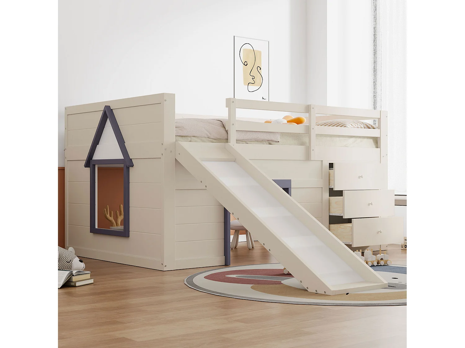 Lit mezzanine bas 140x200 cm avec toboggan, 3 tiroirs et 2 portes, MDF et pin, crème (213x145x107cm)