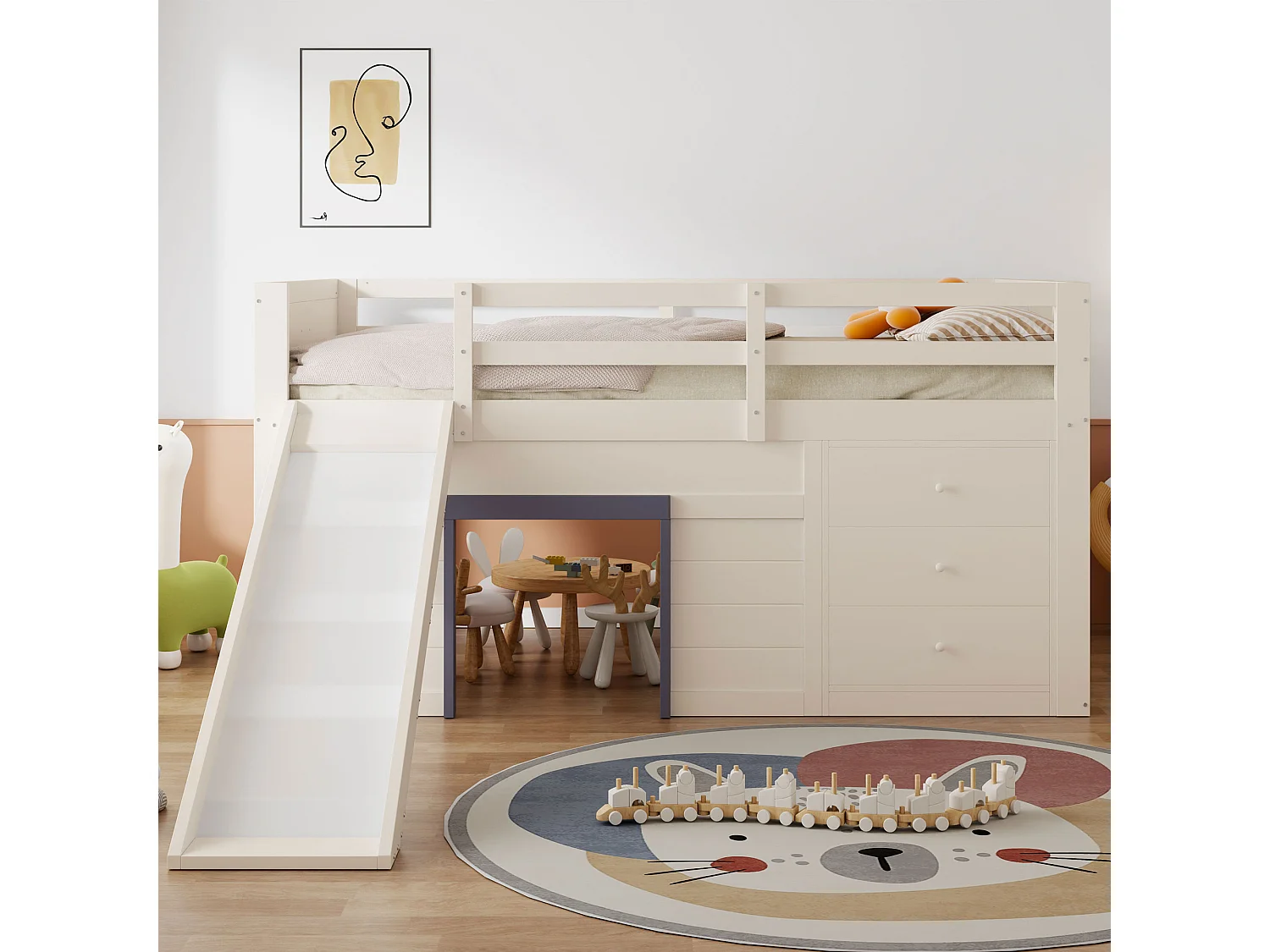 Lit mezzanine bas 140x200 cm avec toboggan, 3 tiroirs et 2 portes, MDF et pin, crème (213x145x107cm)