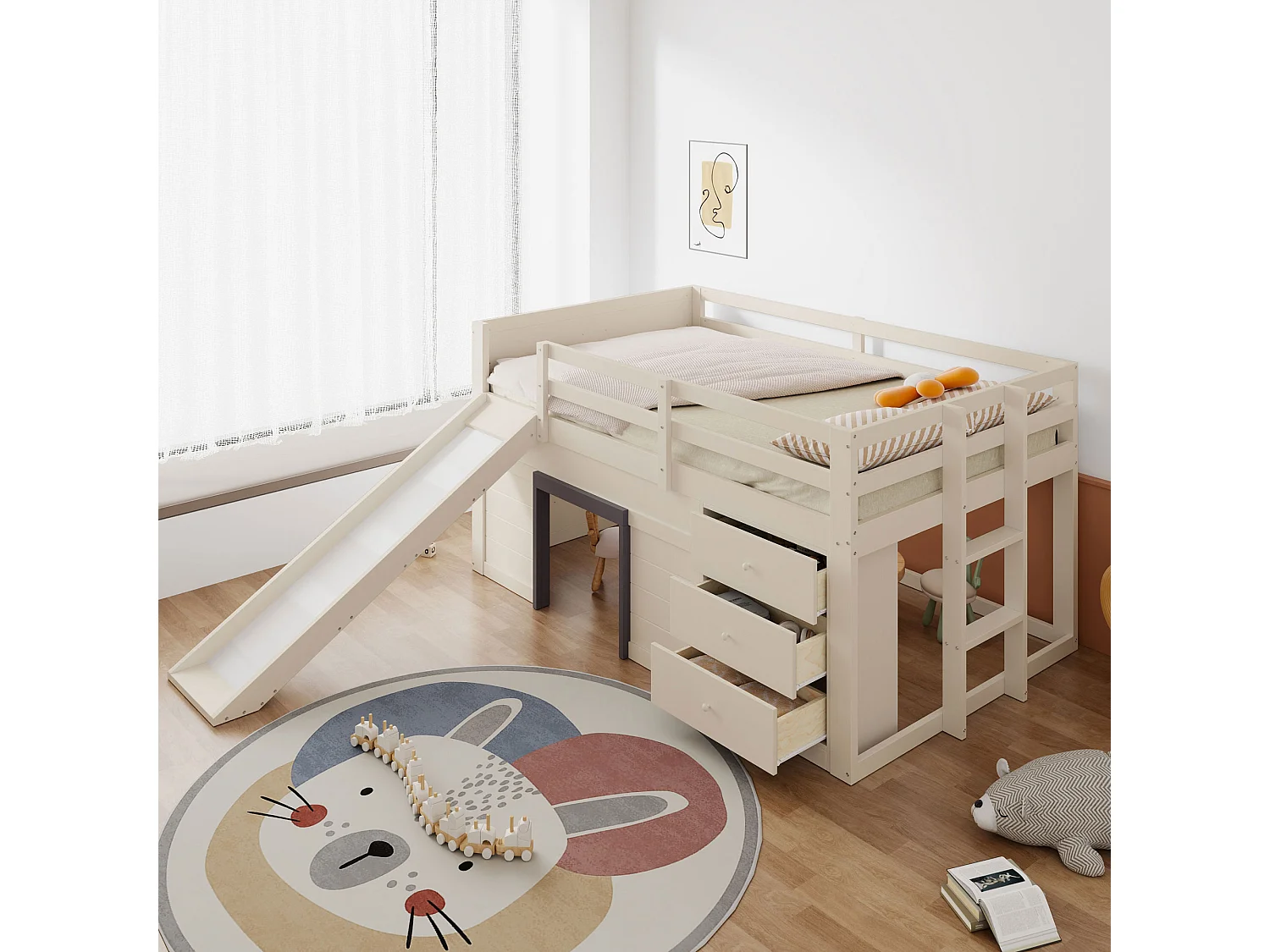 Lit mezzanine bas 140x200 cm avec toboggan, 3 tiroirs et 2 portes, MDF et pin, crème (213x145x107cm)