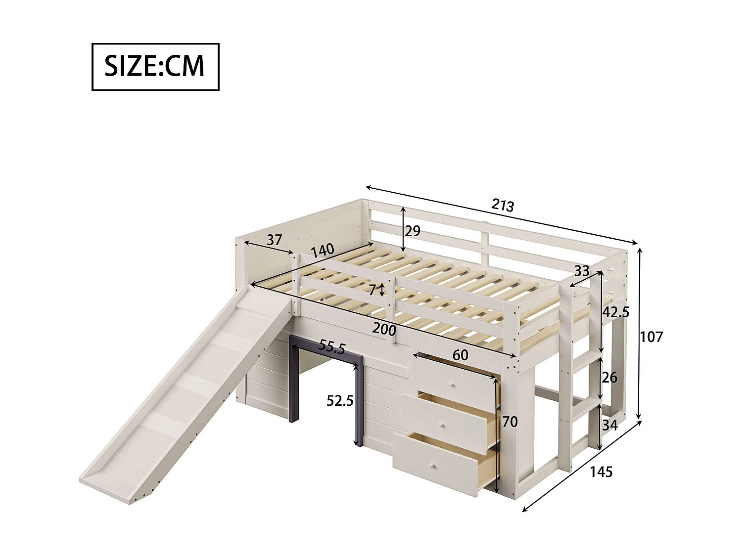 Lit mezzanine bas 140x200 cm avec toboggan, 3 tiroirs et 2 portes, MDF et pin, crème (213x145x107cm)