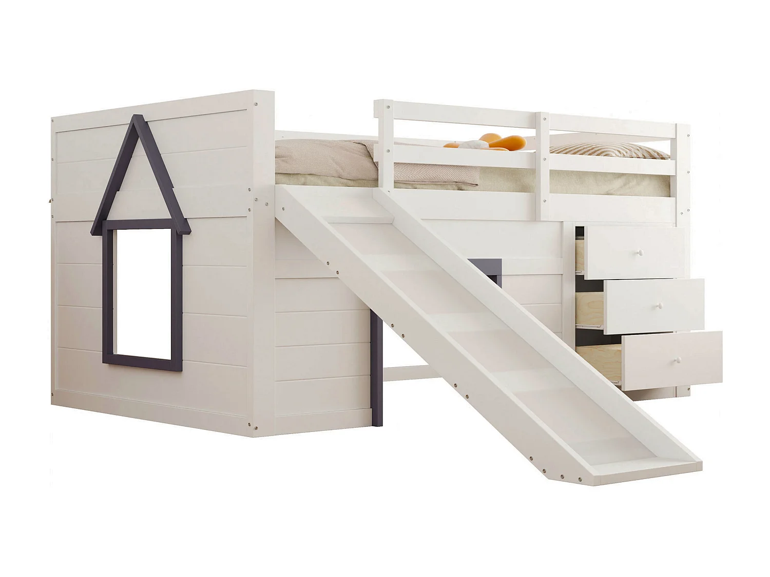 Lit mezzanine bas 140x200 cm avec toboggan, 3 tiroirs et 2 portes, MDF et pin, crème (213x145x107cm)