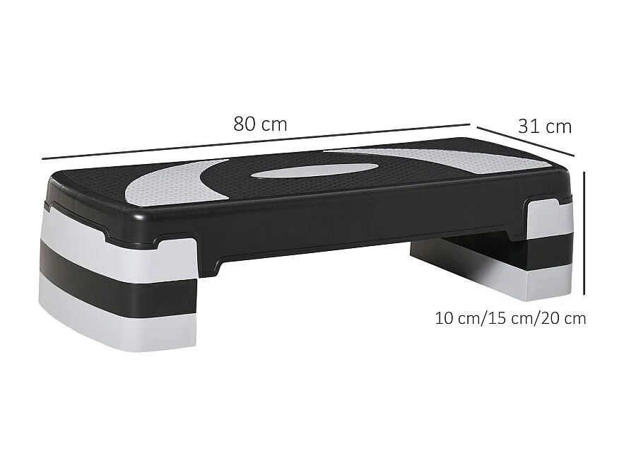 Stepper d'aérobic réglable en hauteur 10/15/20 cm, plastique robuste, noir, antidérapant (80x31x20 cm)