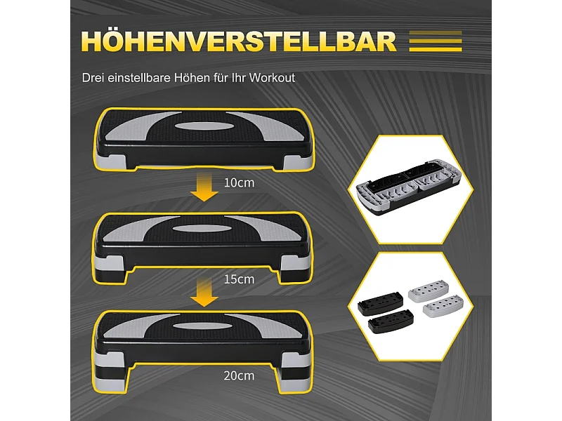 Stepper d'aérobic réglable en hauteur 10/15/20 cm, plastique robuste, noir, antidérapant (80x31x20 cm)