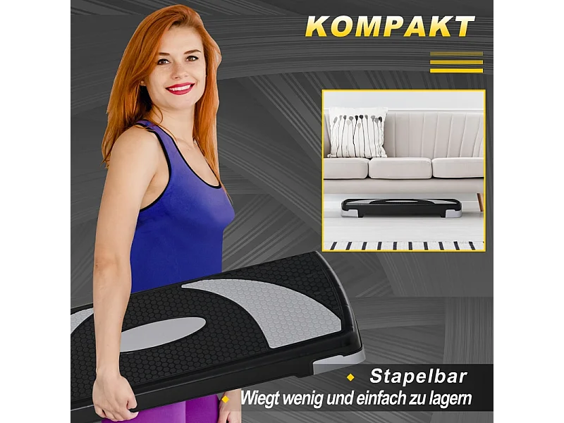 Stepper d'aérobic réglable en hauteur 10/15/20 cm, plastique robuste, noir, antidérapant (80x31x20 cm)