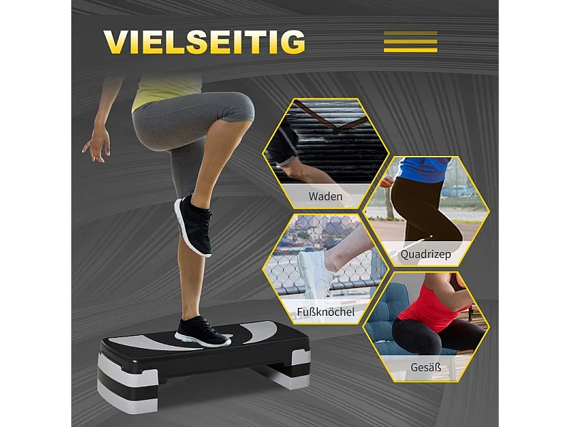 Stepper d'aérobic réglable en hauteur 10/15/20 cm, plastique robuste, noir, antidérapant (80x31x20 cm)