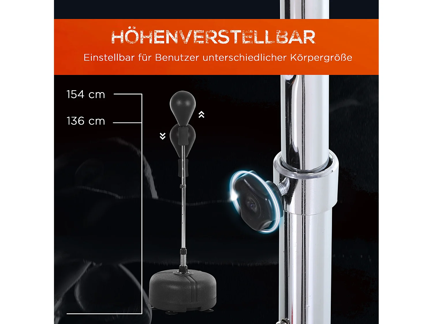 Punching-ball avec support réglable, cuir synthétique, noir (48x48x136-154cm)