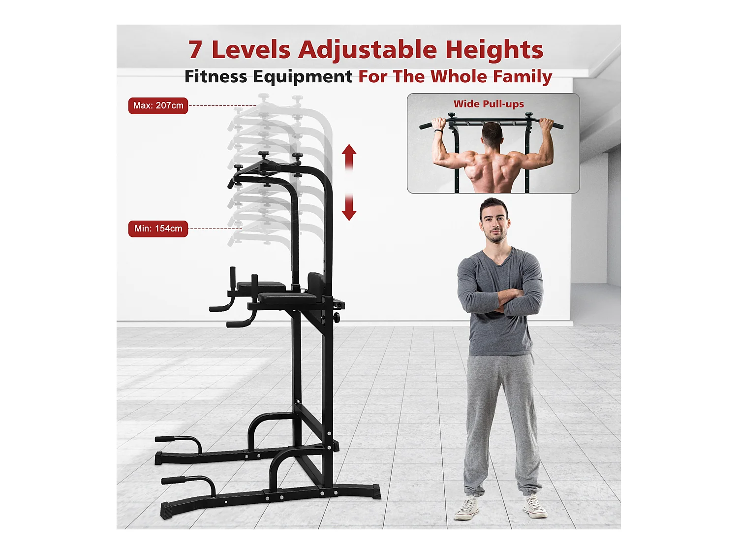 Station d'entraînement multifonction pour tractions et dips, en fer, noir, réglable en hauteur (224.8x96.5x207cm)