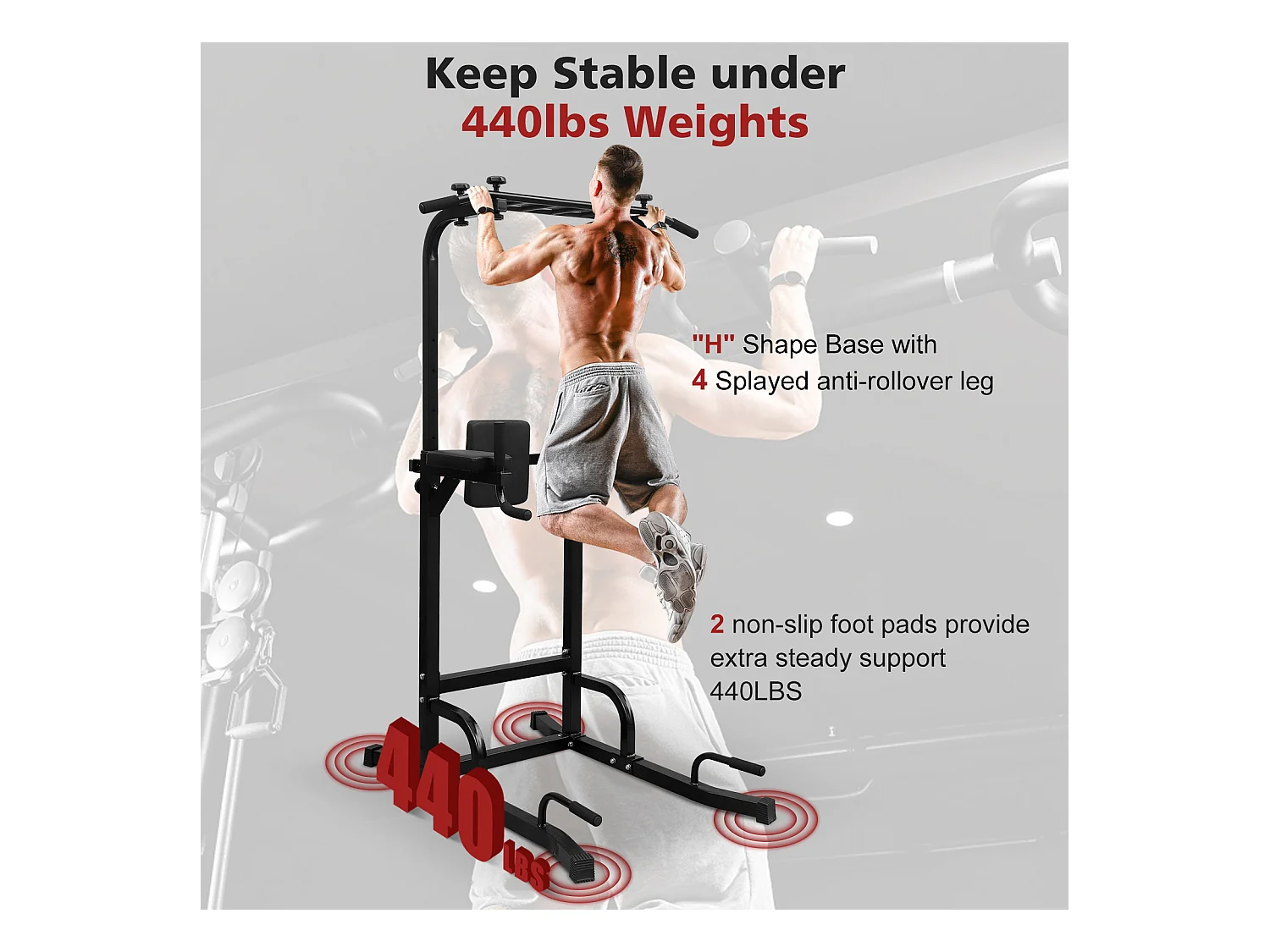 Station d'entraînement multifonction pour tractions et dips, en fer, noir, réglable en hauteur (224.8x96.5x207cm)