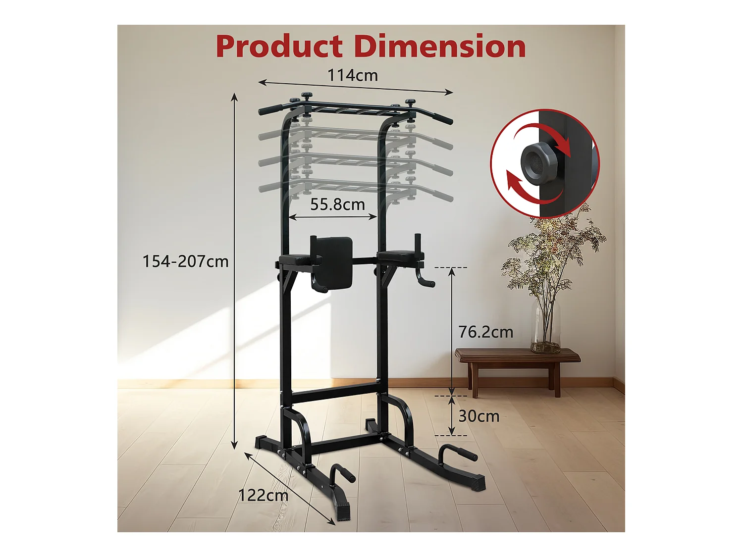 Station d'entraînement multifonction pour tractions et dips, en fer, noir, réglable en hauteur (224.8x96.5x207cm)