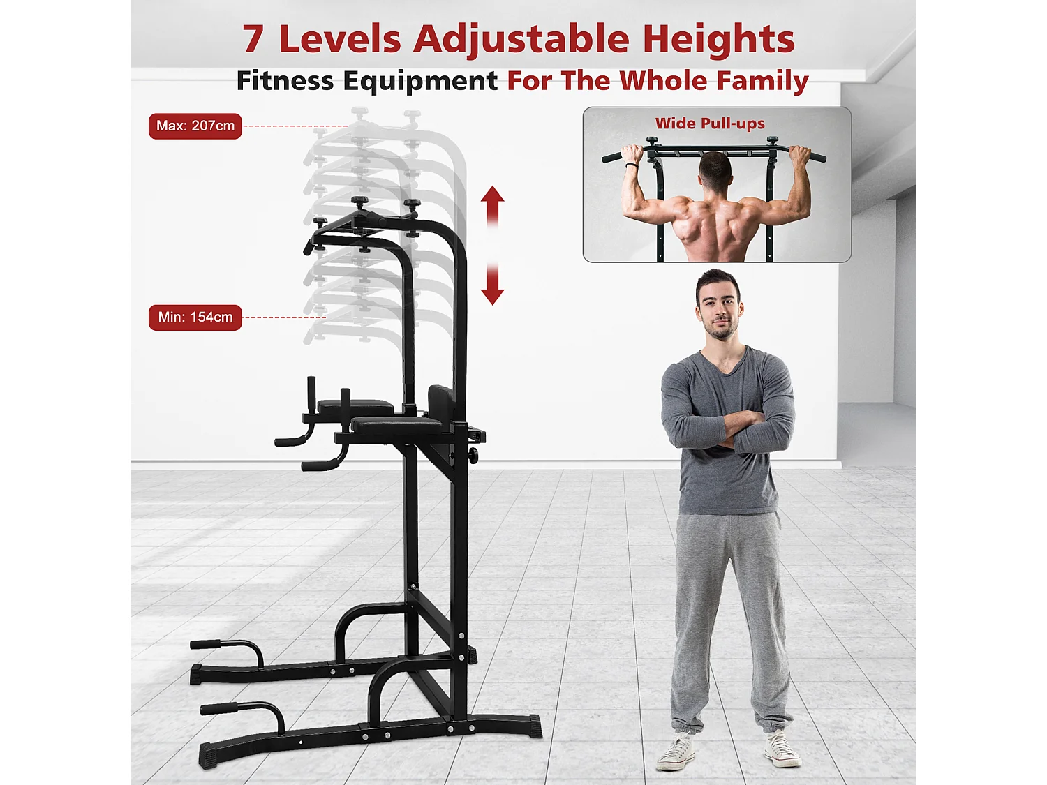 Station d'entraînement multifonction pour tractions et dips, en fer, noir, réglable en hauteur (224.8x96.5x207cm)