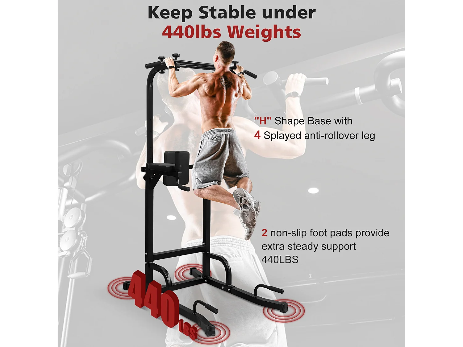 Station d'entraînement multifonction pour tractions et dips, en fer, noir, réglable en hauteur (224.8x96.5x207cm)