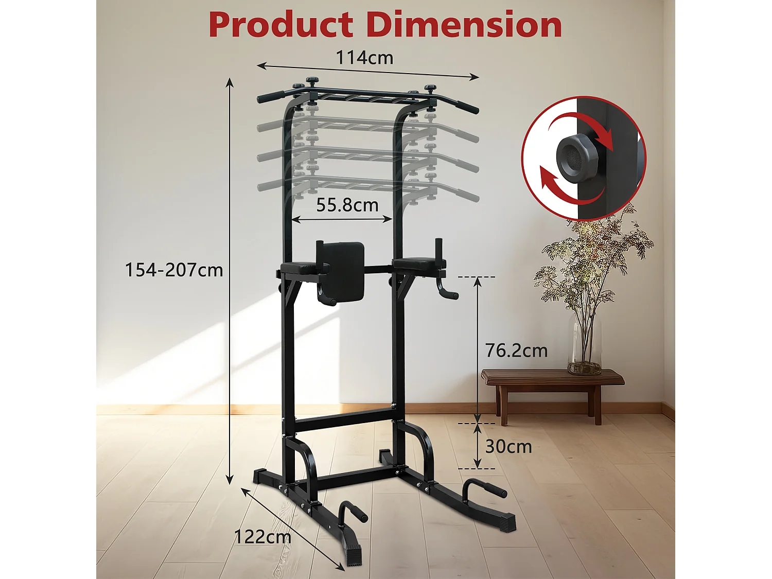 Station d'entraînement multifonction pour tractions et dips, en fer, noir, réglable en hauteur (224.8x96.5x207cm)