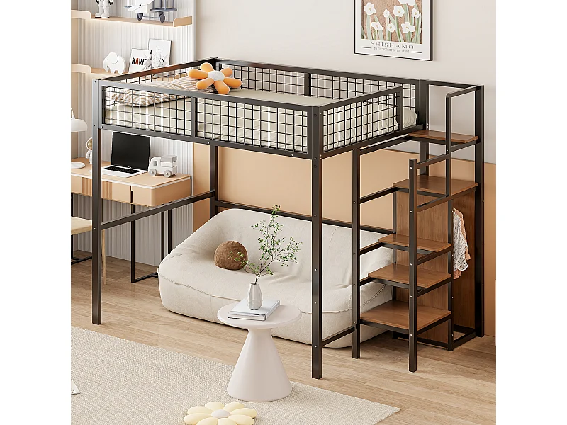 Hoogslaper 140x200 met ladder, metalen frame en opbergruimte, ingebouwde kledingkast, zwart (249x145x180cm)