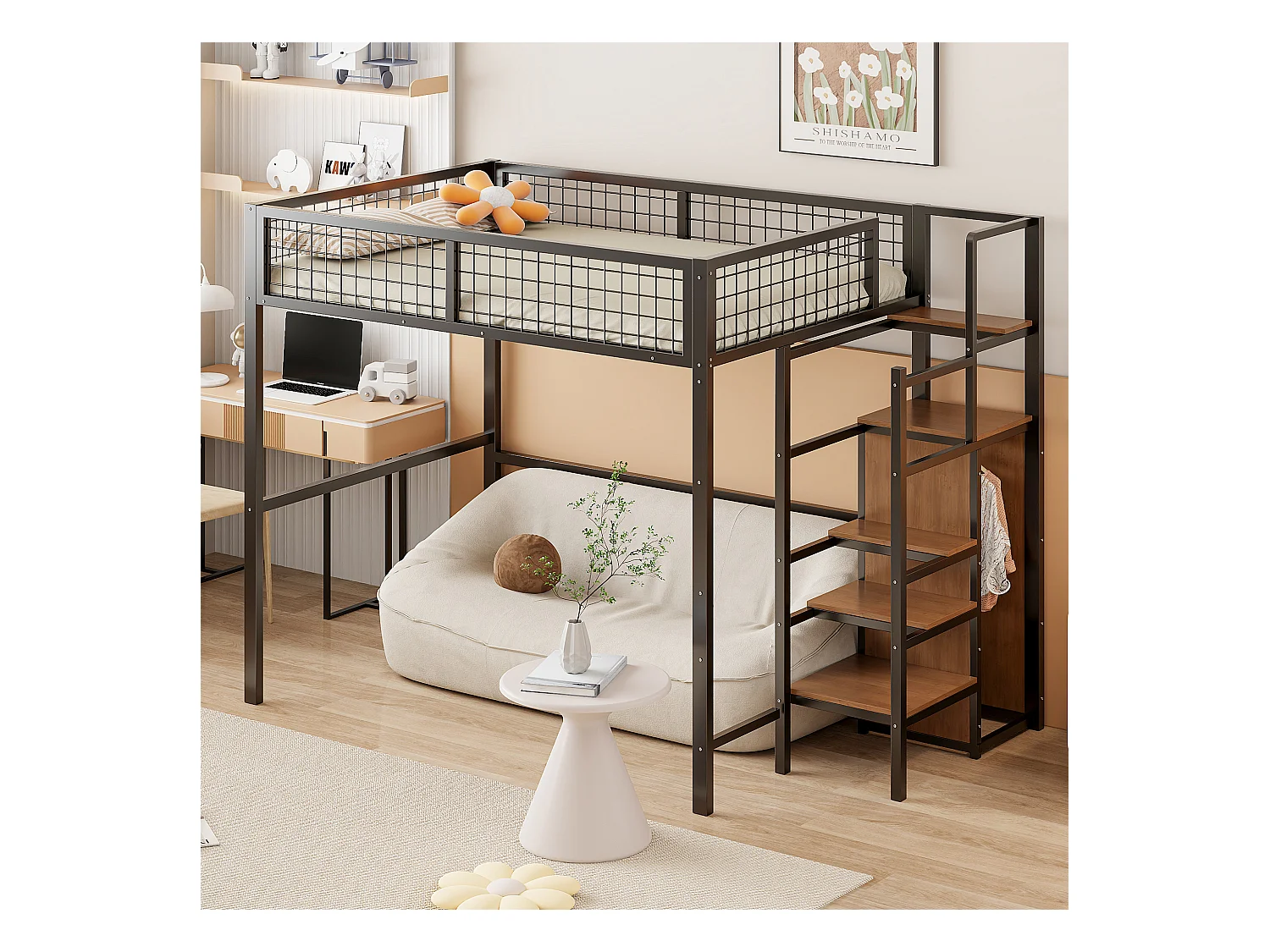 Lit mezzanine 140x200 avec échelle, cadre en métal et rangement, armoire intégrée, noir (249x145x180cm)