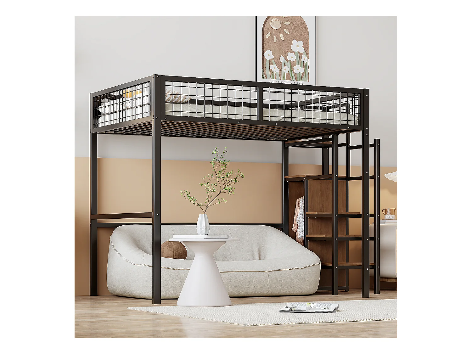 Lit mezzanine 140x200 avec échelle, cadre en métal et rangement, armoire intégrée, noir (249x145x180cm)