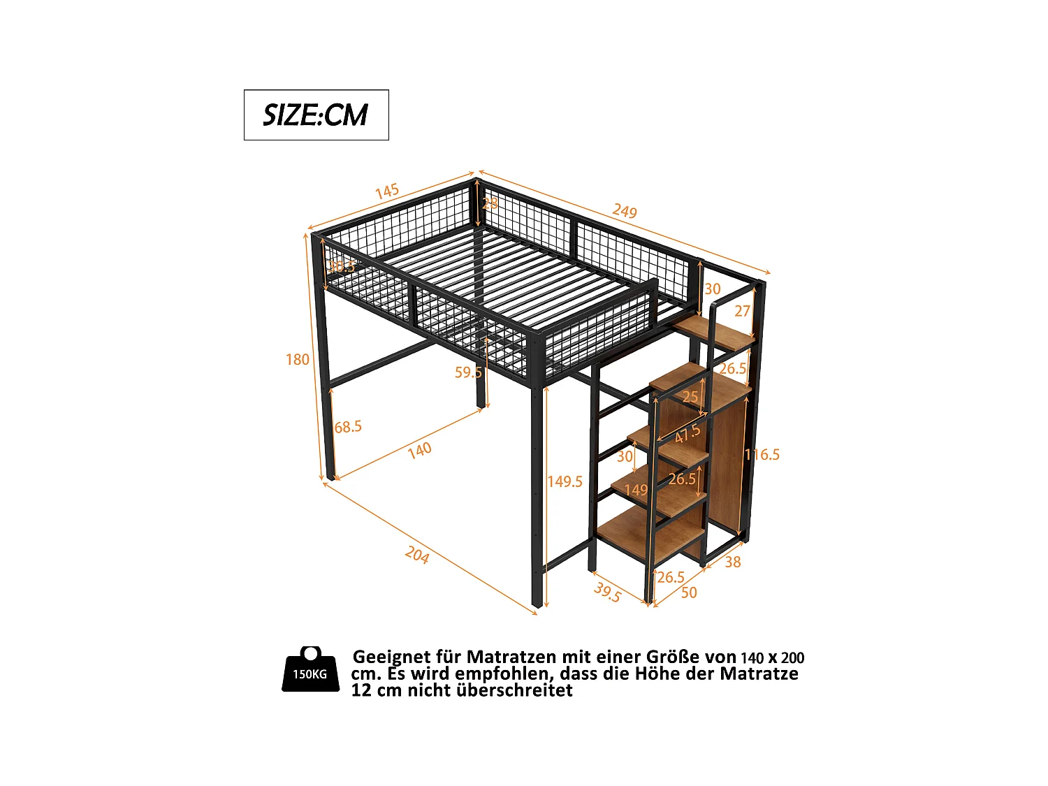 Lit mezzanine 140x200 avec échelle, cadre en métal et rangement, armoire intégrée, noir (249x145x180cm)