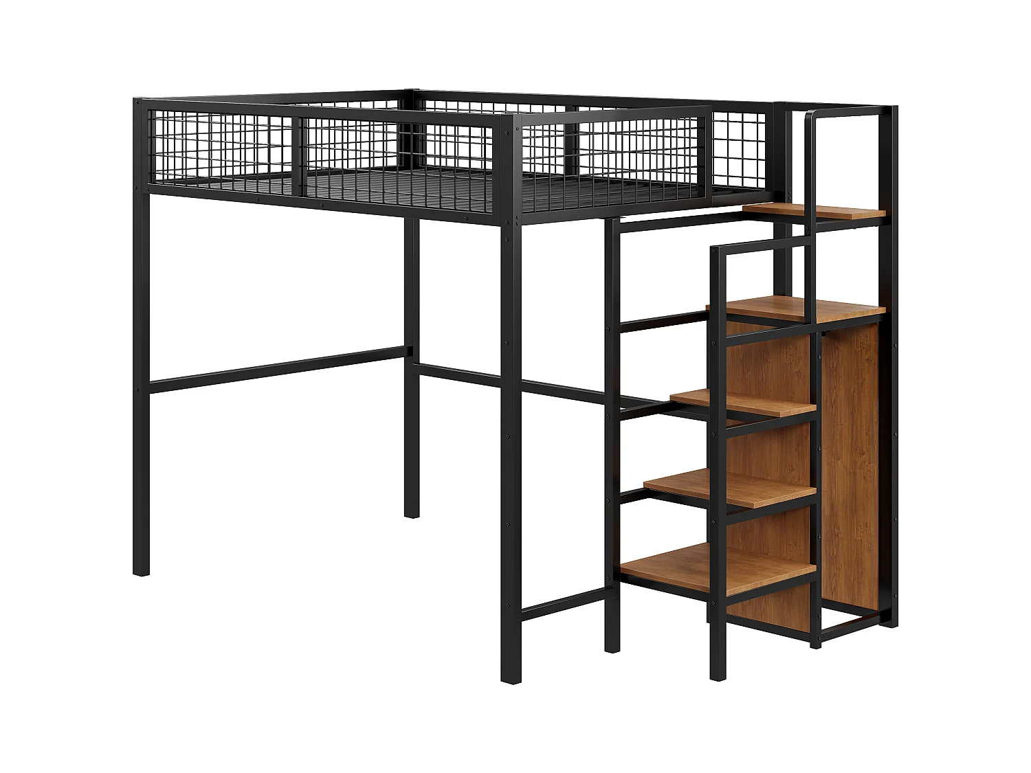 Lit mezzanine 140x200 avec échelle, cadre en métal et rangement, armoire intégrée, noir (249x145x180cm)