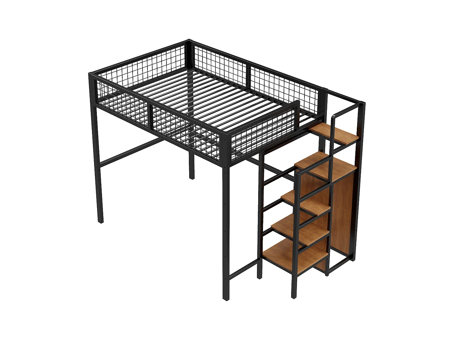 Lit mezzanine 140x200 avec échelle, cadre en métal et rangement, armoire intégrée, noir (249x145x180cm)