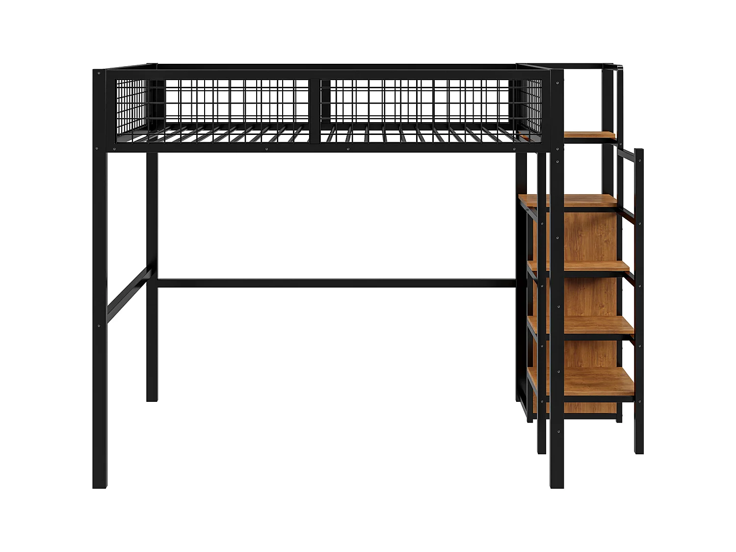 Lit mezzanine 140x200 avec échelle, cadre en métal et rangement, armoire intégrée, noir (249x145x180cm)