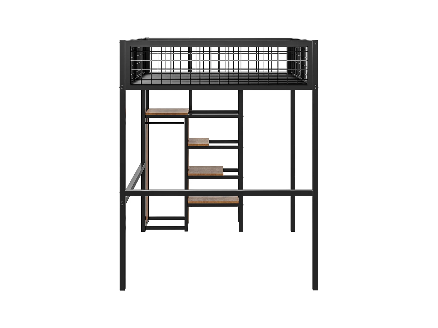 Lit mezzanine 140x200 avec échelle, cadre en métal et rangement, armoire intégrée, noir (249x145x180cm)