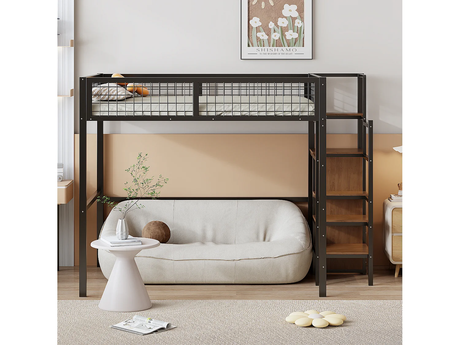 Letto a soppalco 140x200 con scaletta, struttura in metallo e contenitore, armadio integrato, nero (249x145x180cm)