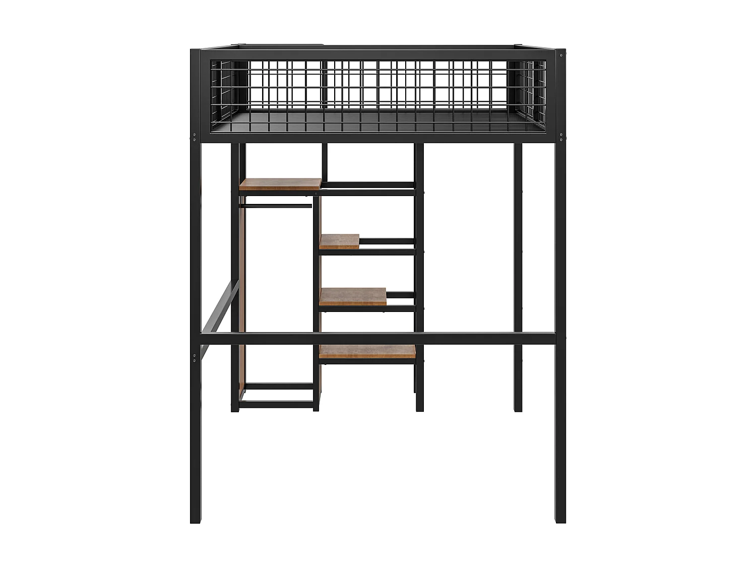 Letto a soppalco 140x200 con scaletta, struttura in metallo e contenitore, armadio integrato, nero (249x145x180cm)