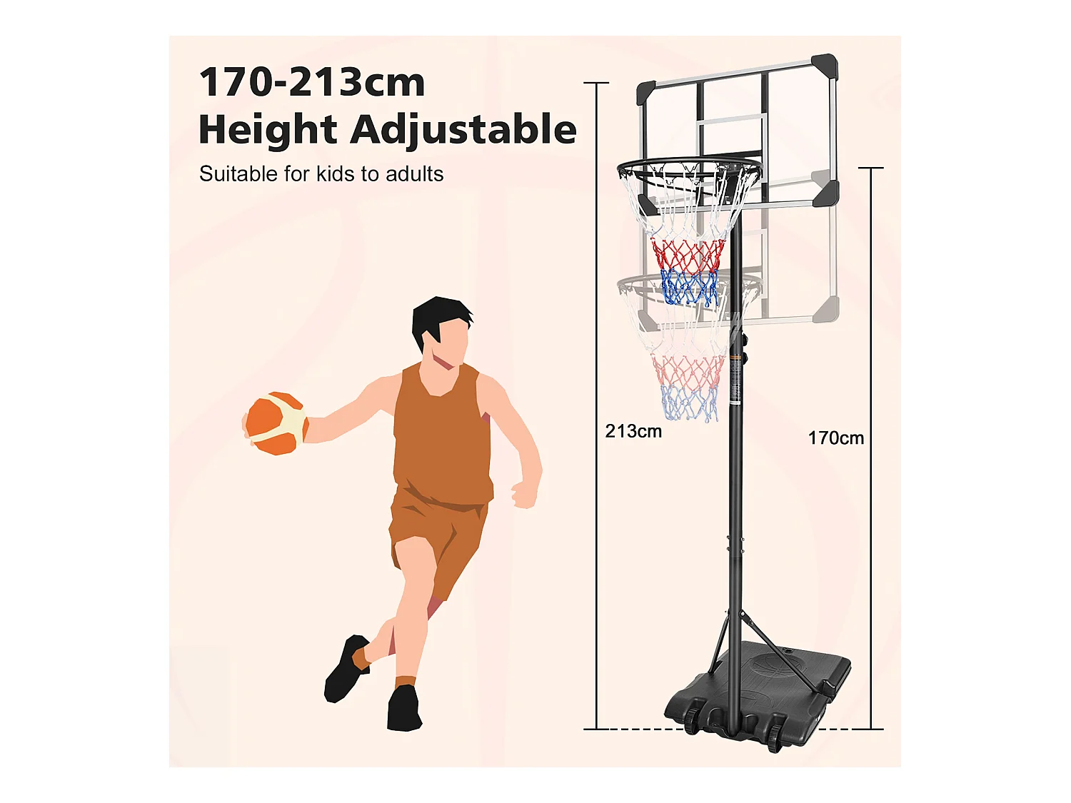 Panier de Basket Portable Réglable en Hauteur, Polycarbonate Incassable et Roues, PE Rotin et Acier, Noir (71x74x213 cm)